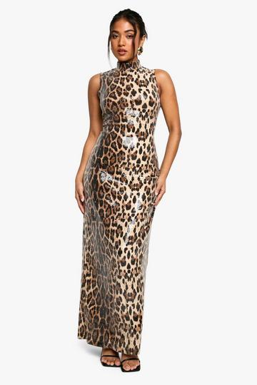 Multi Petite Leopard Sequin Racer Neck Maxi Dress