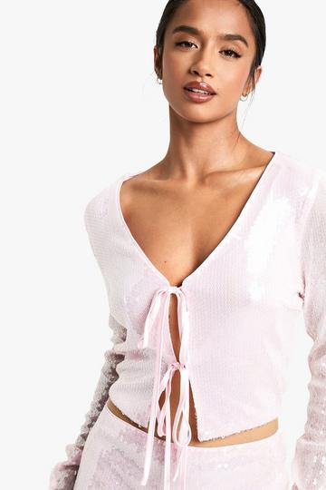 Petite Sequin Tie Front Top pink