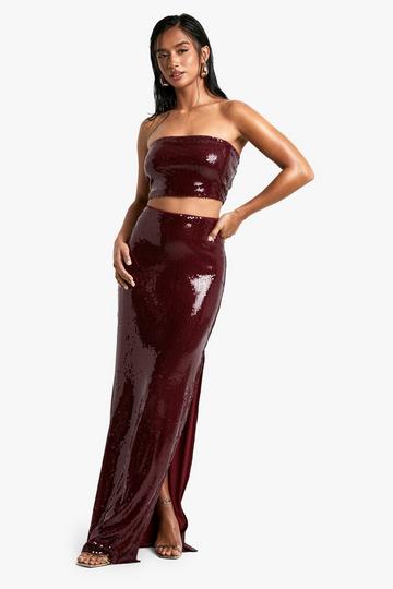 Petite Bandeau Top Met Pailletten En Maxi Rok Set red