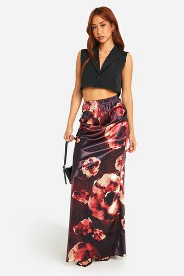 Blurred Floral Print Satin Bias Maxi Skirt dark mauve