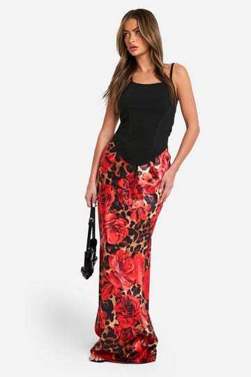 Floral Leopard Mix Print Satin Bias Maxi Skirt leopard