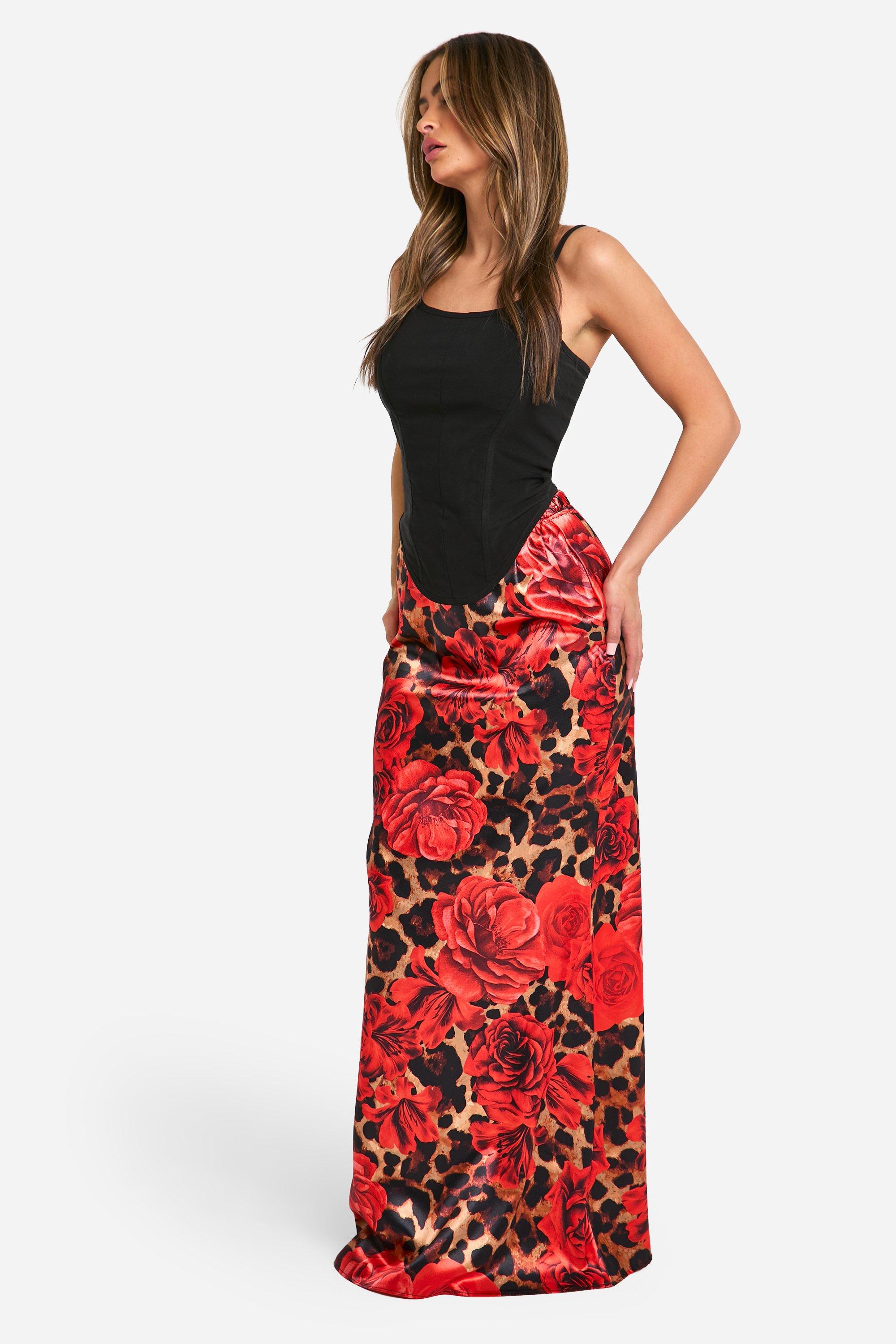 Floral Leopard Mix Print Satin Bias Maxi Skirt