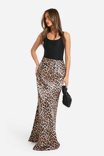 Leopard Print Satin Bias Maxi Skirt leopard