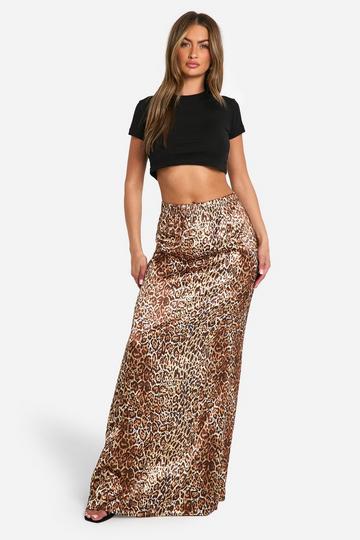 Washed Leopard Print Satin Maxi Skirt leopard