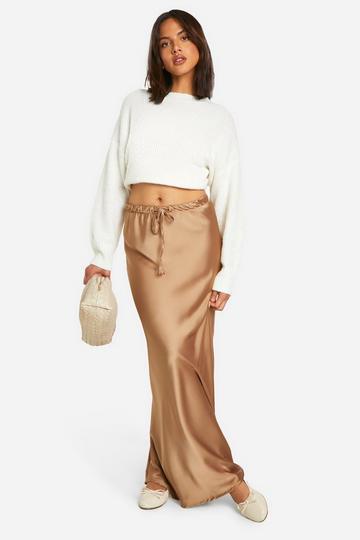 Drawstring Tie Waist Satin Maxi Skirt bronze