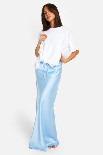 Drawstring Tie Waist Satin Maxi Skirt light blue