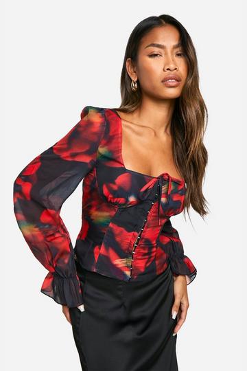 Floral Chiffon Balloon Sleeve Milkmaid Top black