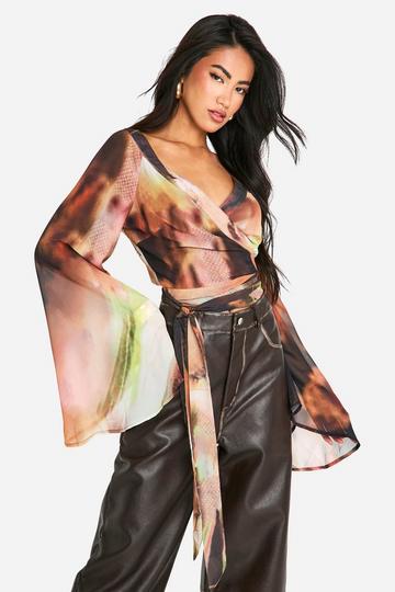 Floral Chiffon Flare Sleeve Wrap Blouse brown