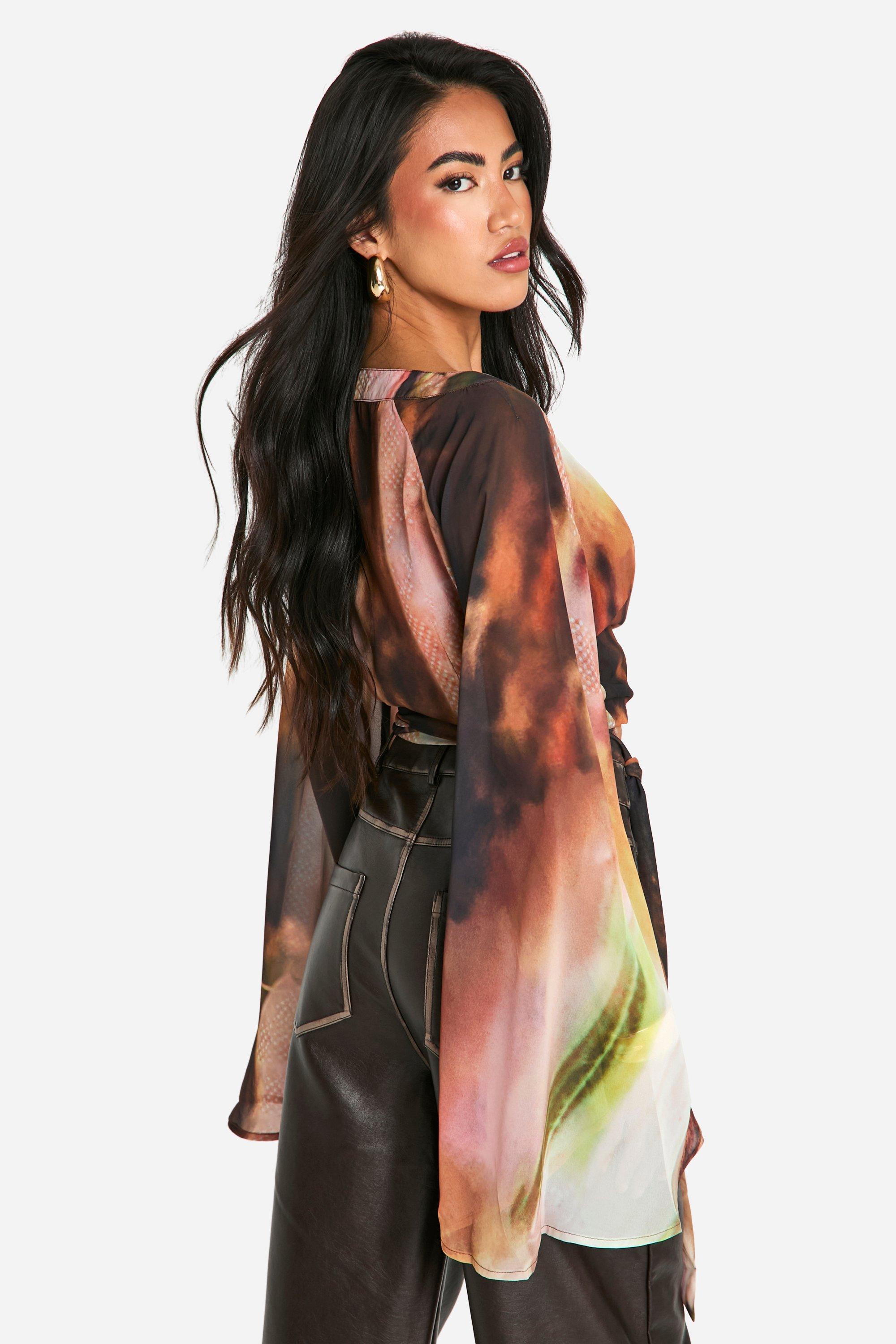 Floral Chiffon Flare Sleeve Wrap Blouse