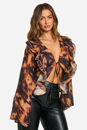 Leopard Chiffon Ruffle Flare Sleeve Blouse brown