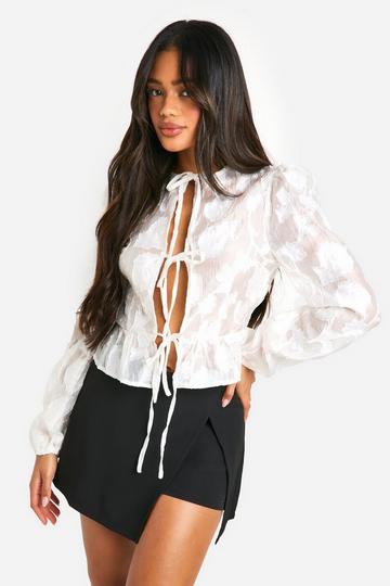 Burnout Volume Sleeve Tie Front Blouse ivory