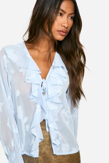 Blue Burnout Ruffle Tie Blouse