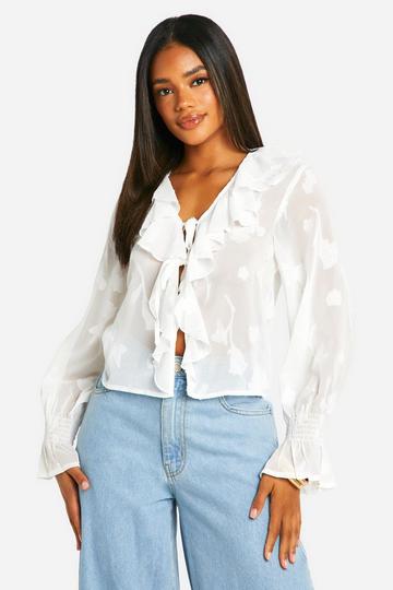 White Burnout Ruffle Tie Blouse