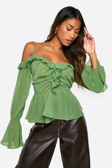 Chiffon Cold Shoulder Ruffle Blouse olive