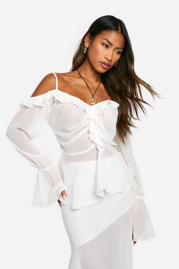 Chiffon Cold Shoulder Ruffle Blouse ivory