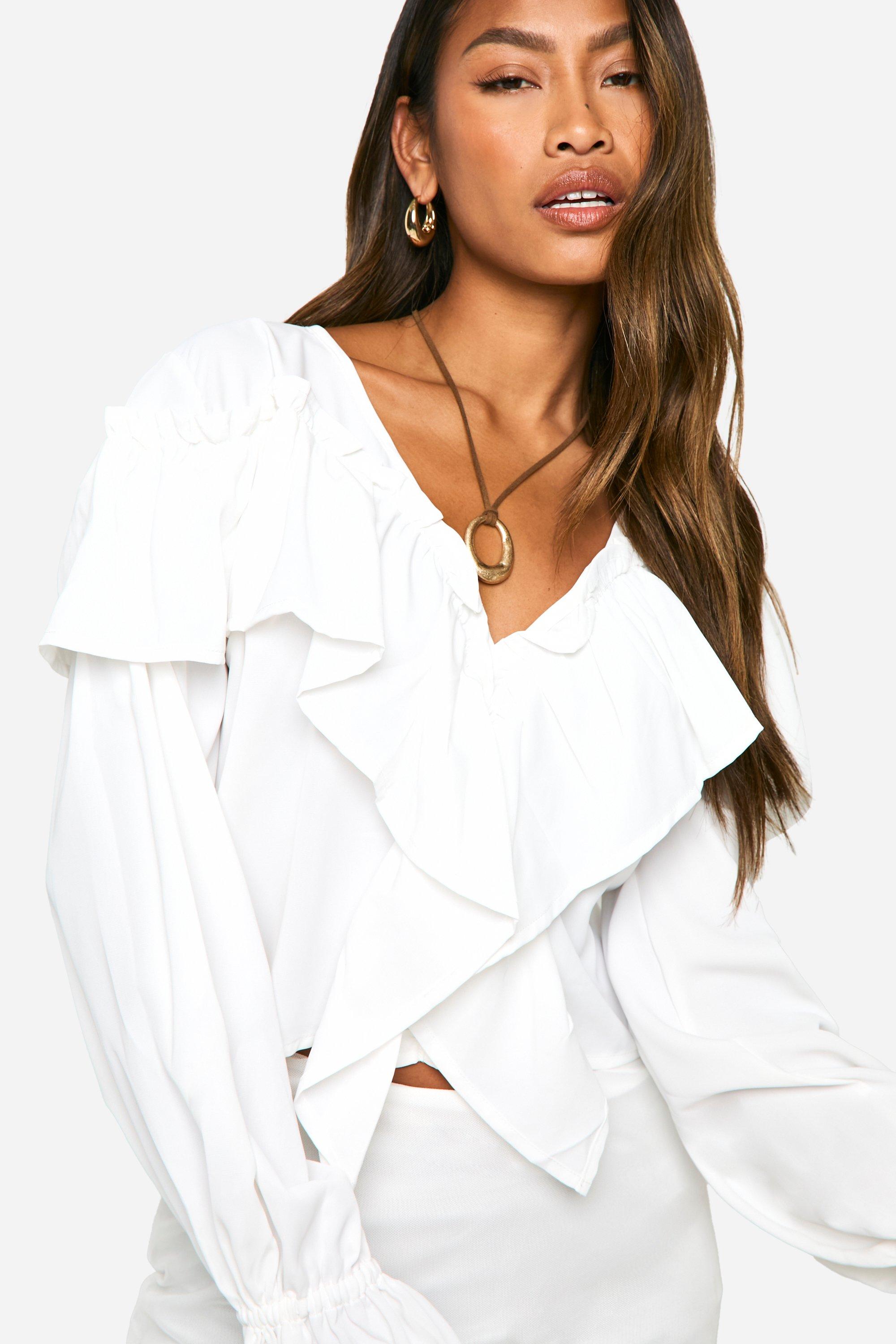 White ruffle blouse boohoo top