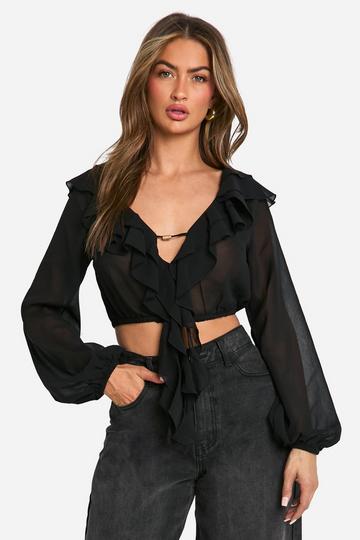 Black Chiffon Gold Detail Crop Blouse