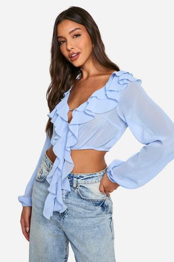 Blue Chiffon Gold Detail Crop Blouse