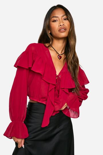 Chiffon Ruffle Tie Crop Blouse rust