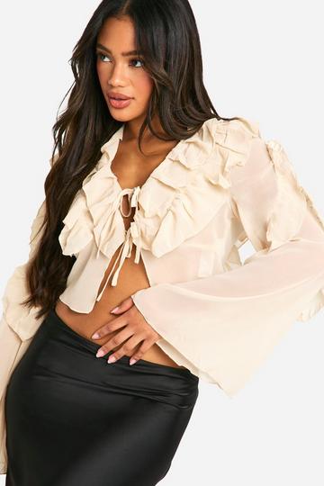 Chiffon Ruffle Tie Crop Blouse almond