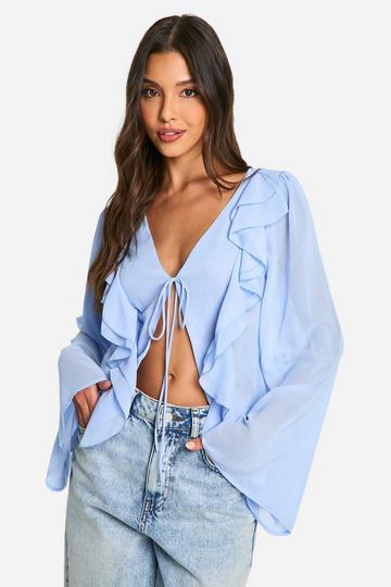 Chiffon Ruffle Flare Sleeve Blouse powder blue