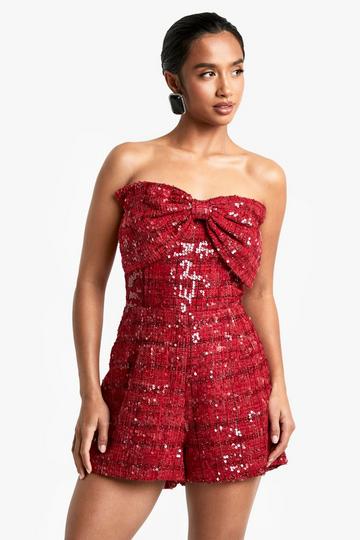 Petite Sequin Boucle Tailored Bow Playsuit red