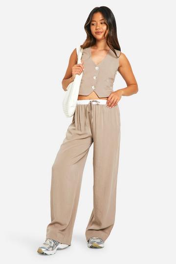 Camel Beige Woven Textured Contrast Waistband Wide Leg Trousers