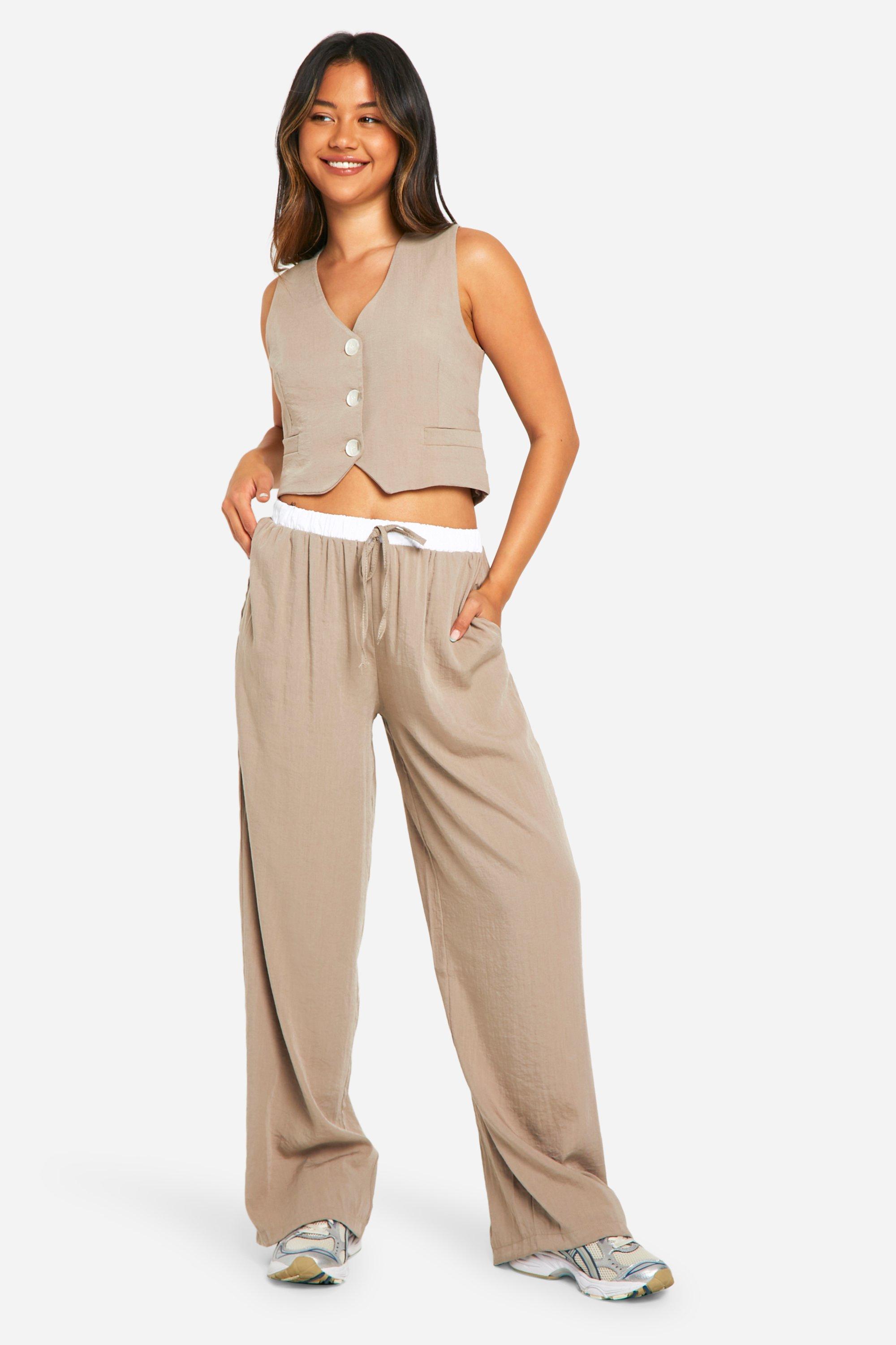 Woven Textured Contrast Waistband Wide Leg Trousers | boohoo