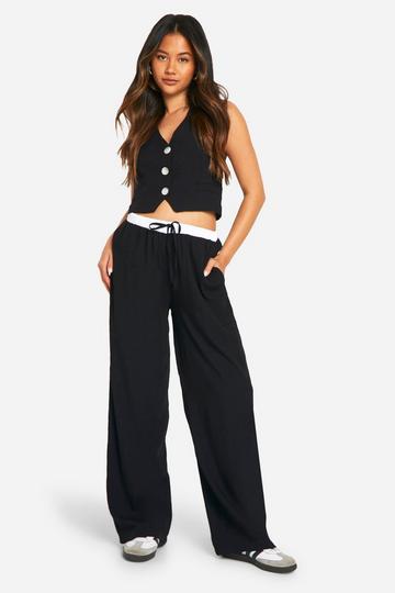 Geweven Wide Leg Broek Met Textuur En Contrasterende Tailleband black