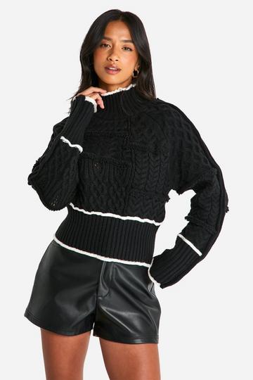 Petite Cable Knit Contrast Detail High Neck Jumper black