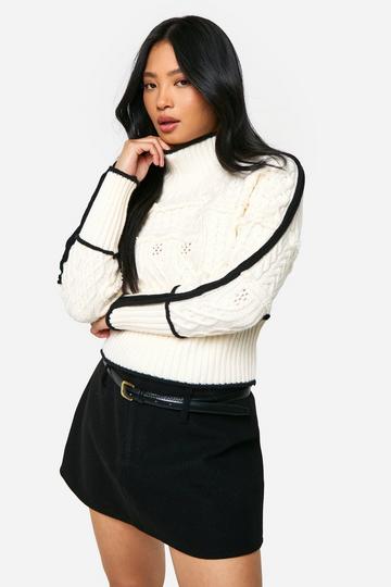 Petite Cable Knit Contrast Detail High Neck Jumper cream