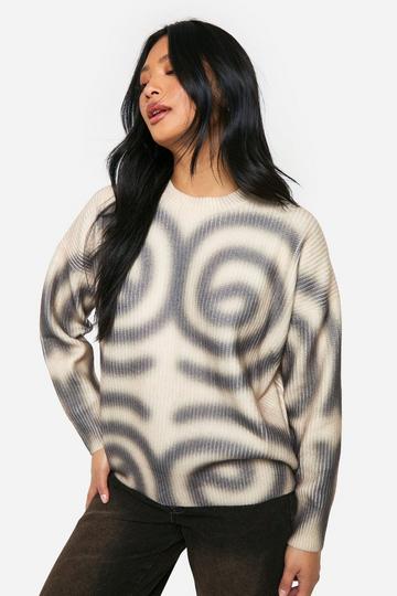 Petite Oversized Geribbelde Gebreide Swirl Print Trui cream