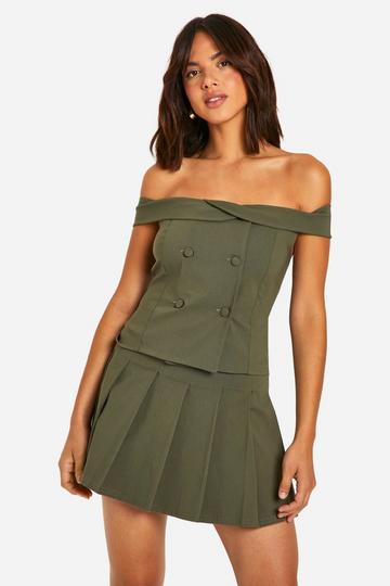 Off The Shoulder Button Front Vest & Pleated Mini Skirt khaki