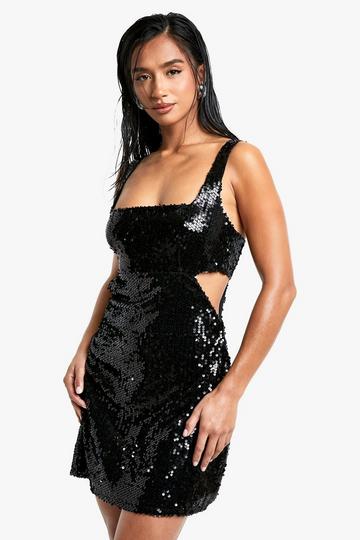 Black Petite Sequin Cut Out Mini Dress