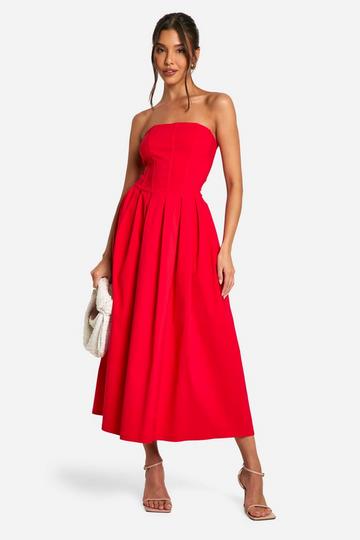 Red Bengaline Corset Skater Midi Dress