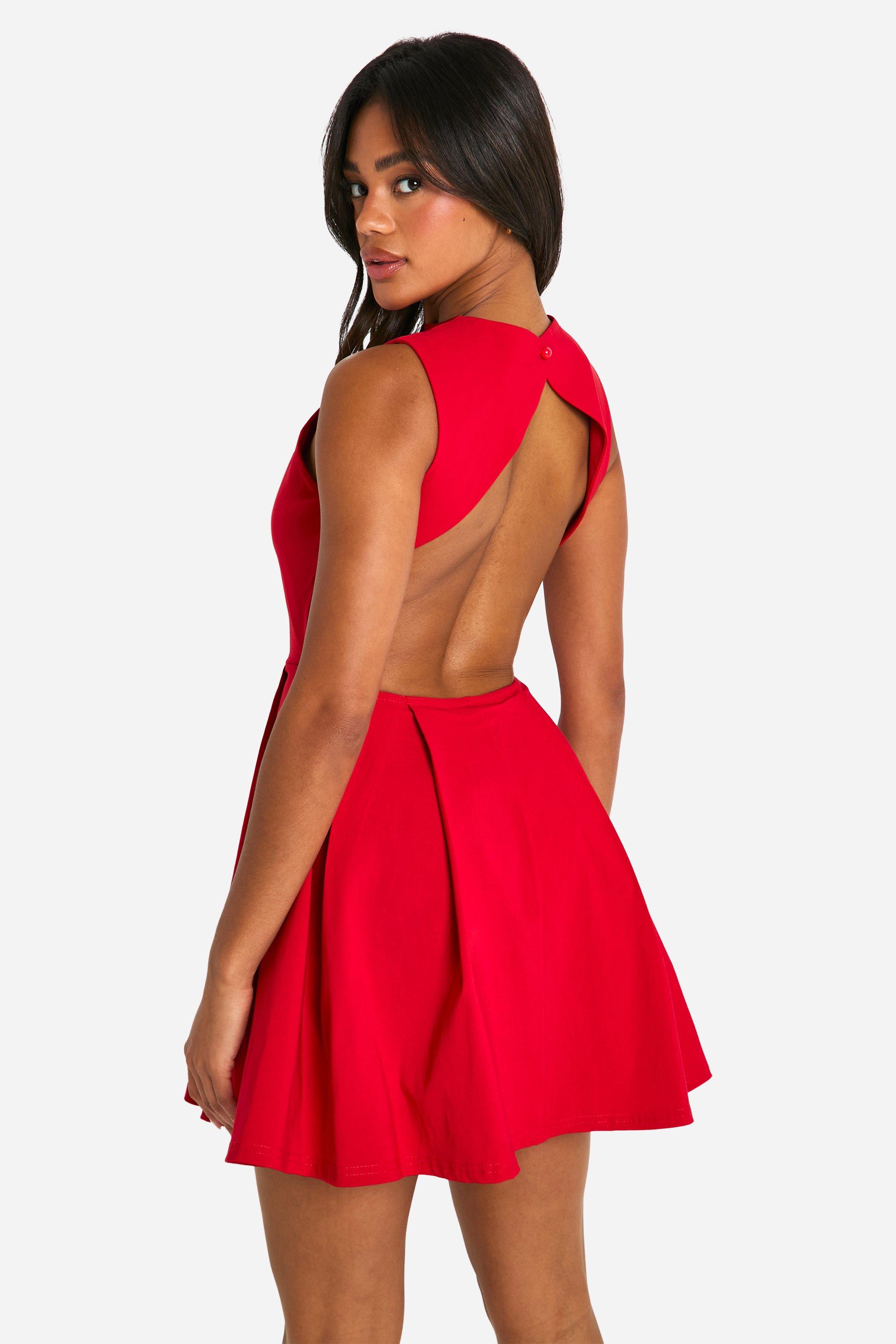 boohoo Women s Bengaline Open Back Skater Dress Red Mini Dresses