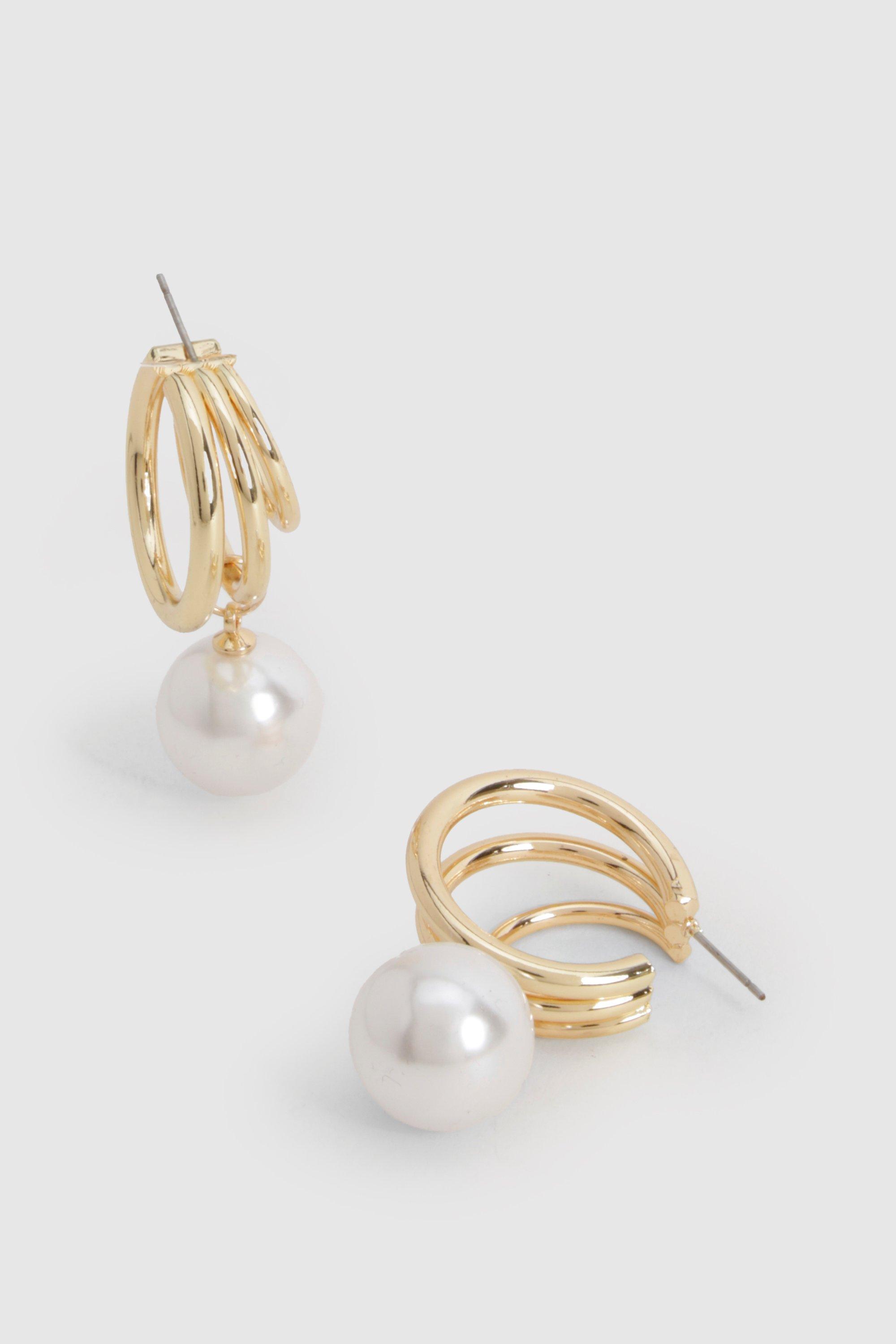 Triple Hoop Pearl Drop Earrings