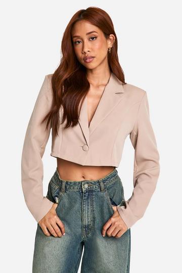 Basic Woven Single Button Crop Blazer taupe