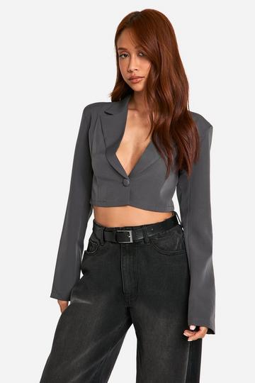 Basic Woven Single Button Crop Blazer charcoal