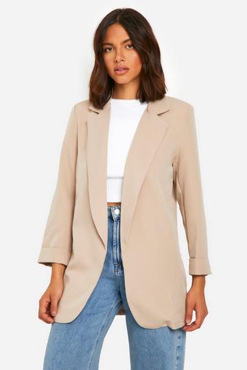 Basic Woven Turn Cuff Relaxed Fit Blazer taupe