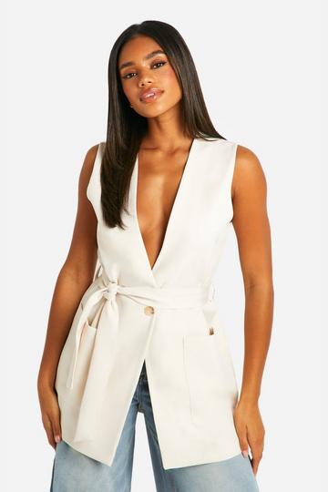 Longline Sleeveless Belted Blazer ecru