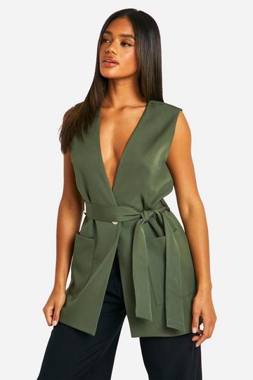 Longline Sleeveless Belted Blazer khaki