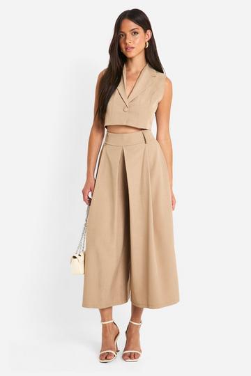 Marl Pleat Front Wide Leg Tailored Culottes camel