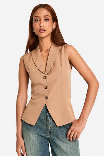 Contrasterende Long Line Gilet Met Nephoornen Knopen camel