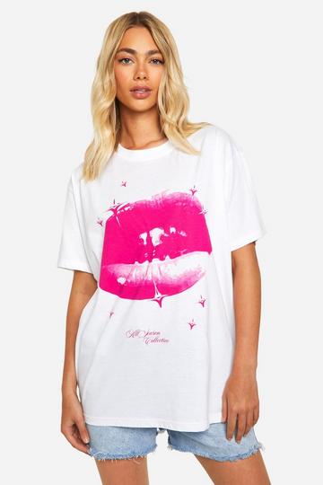 Pink Lips Printed Oversized Tshirt white