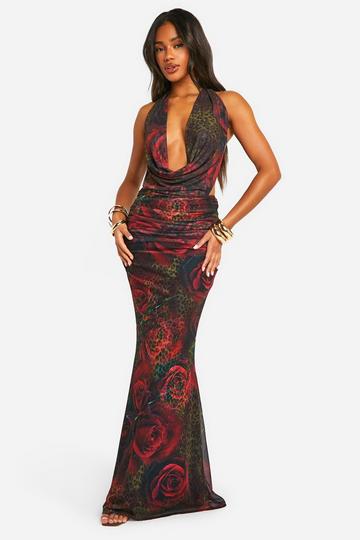 Multi Mixed Print Leopard Plunge Ruched Bum Maxi Dress