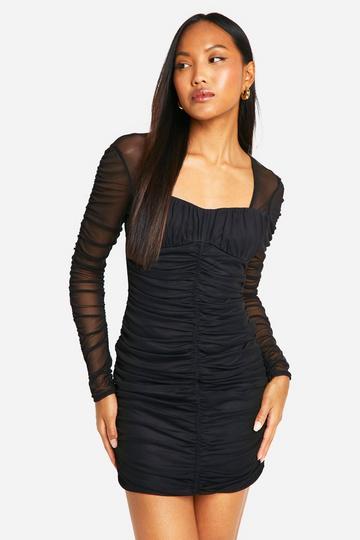 Ruched Mesh Bodycon Dress black