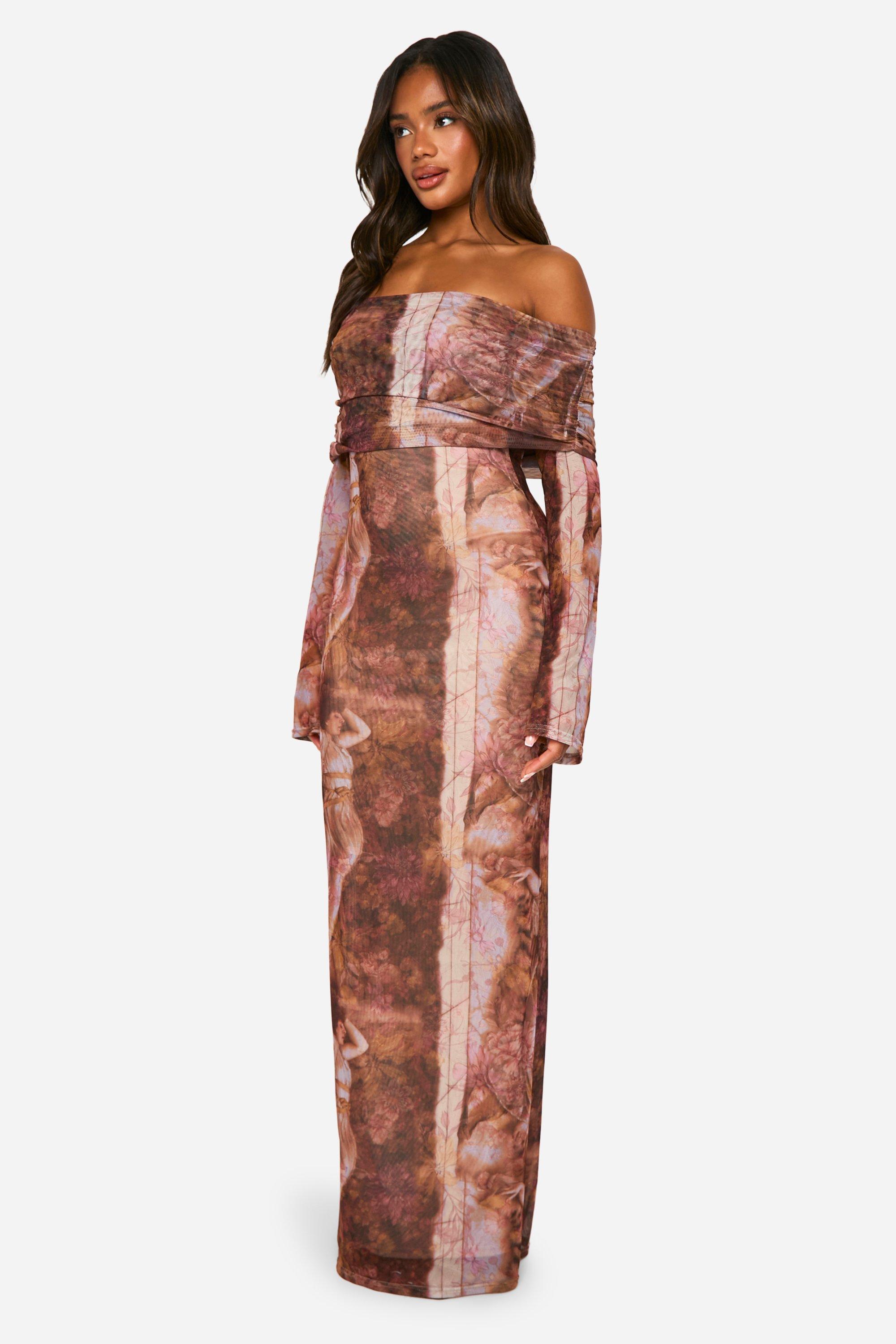 Renaissance Bardot Mesh Maxi Dress boohoo UK