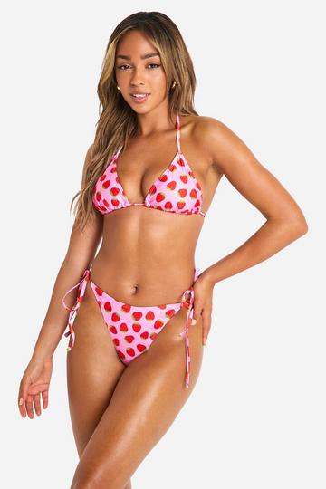 Strawberry Print Triangle Bikini Set pink