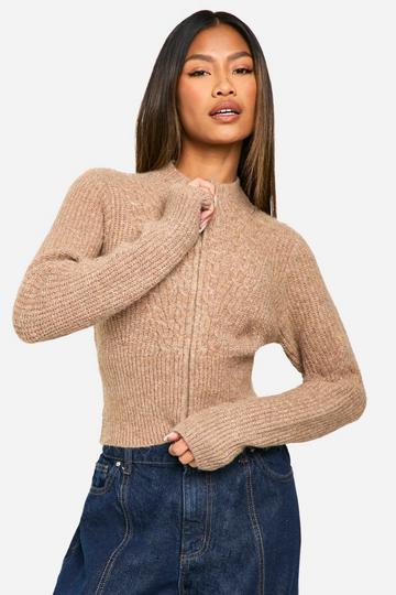 Cable Knit Zip Up Fitted Cardigan chocolate